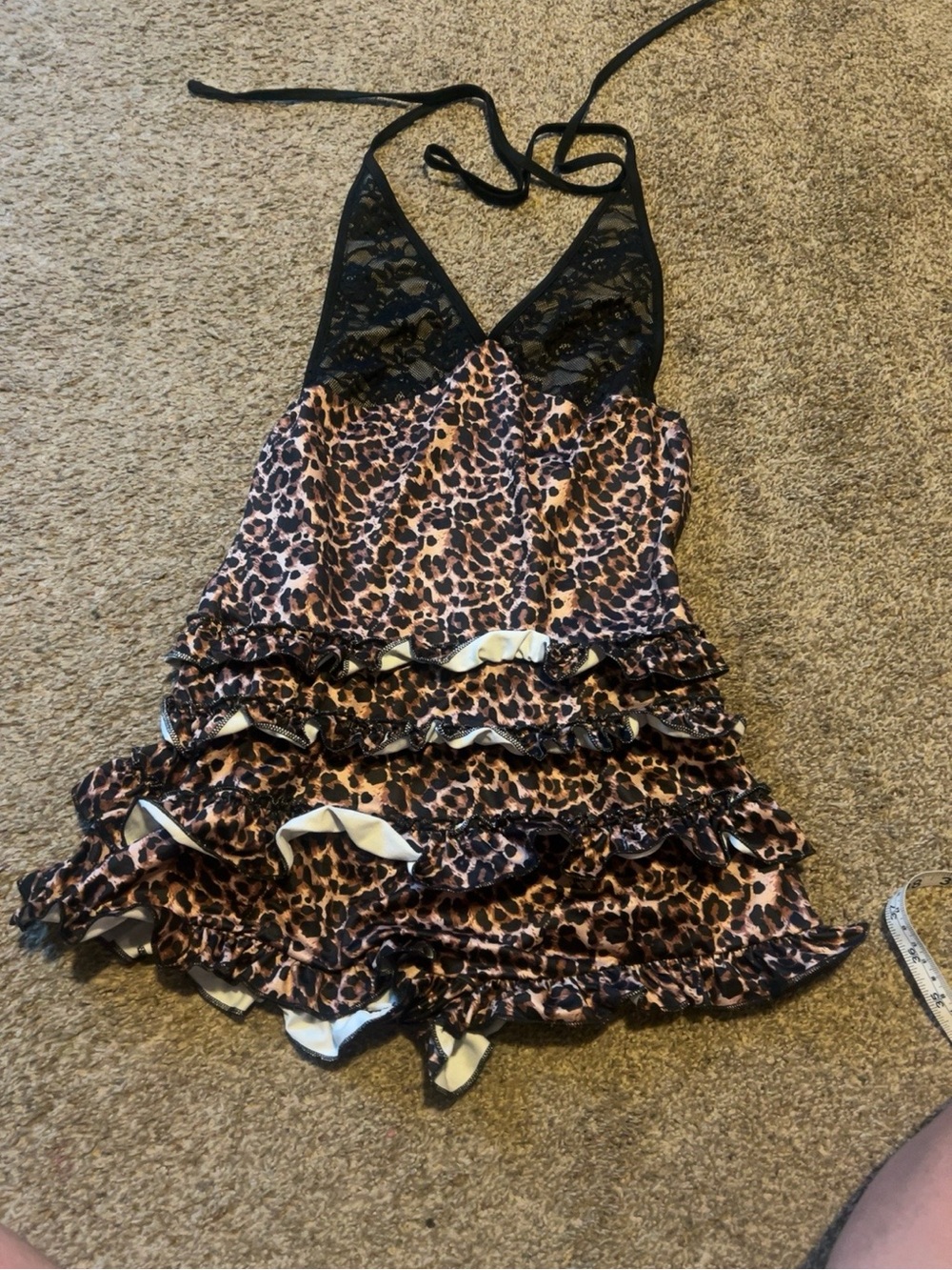 Leopard Print Lace Halter Ruffle Romper